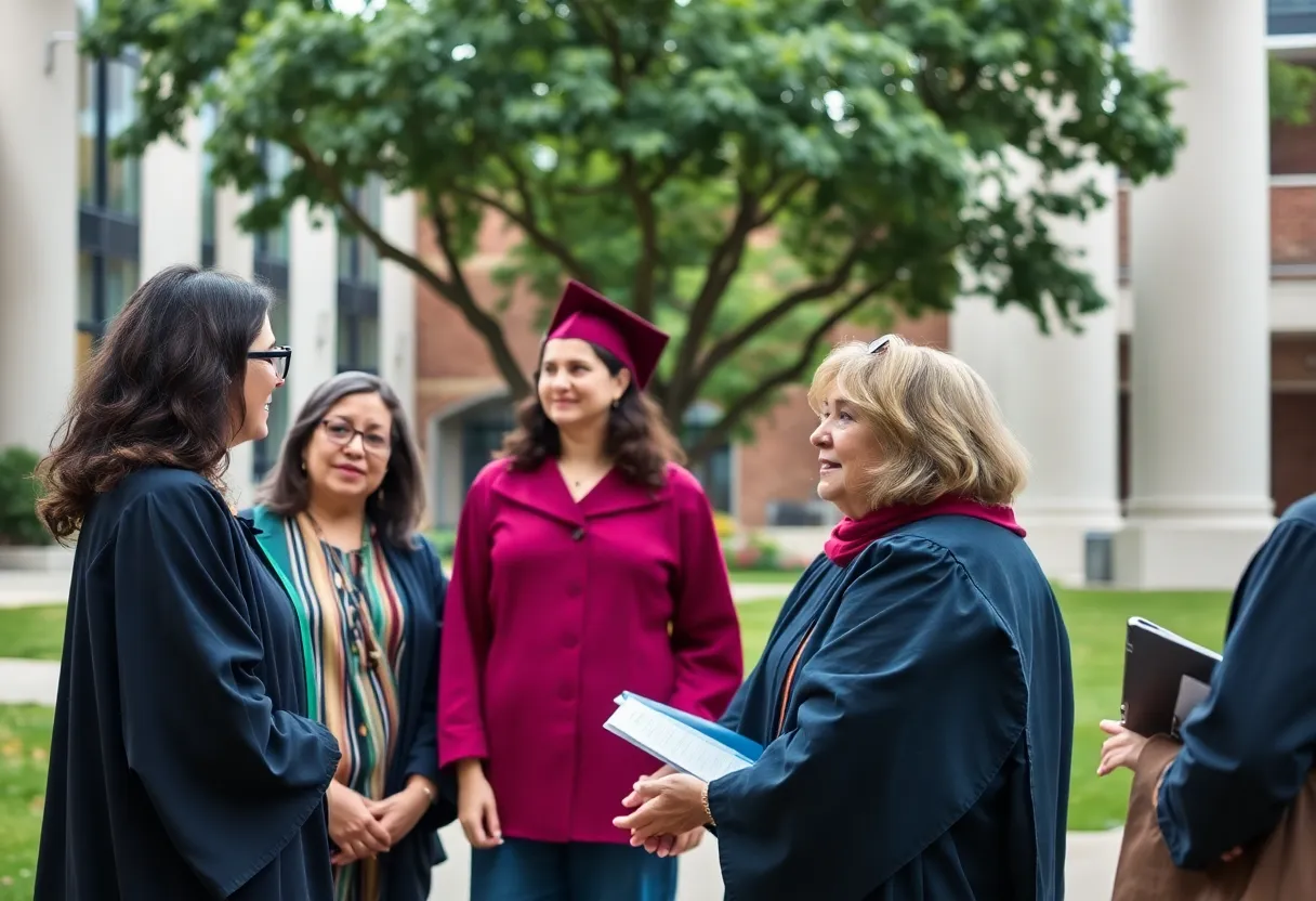 Faculty members discussing diversity and academic governance on a university campus
