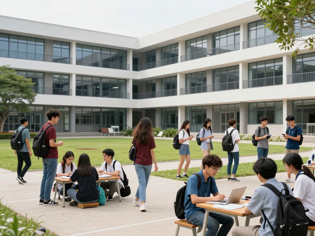 A bustling university campus with students participating in academic activities.