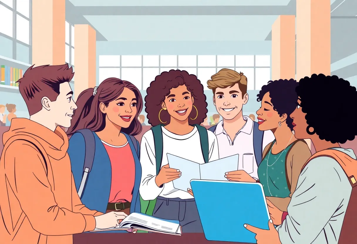 Diverse students collaborating in a university classroom