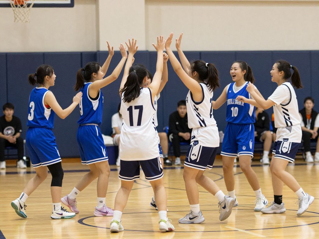 Vacaville High School girls basketball team celebrating on the court after a win