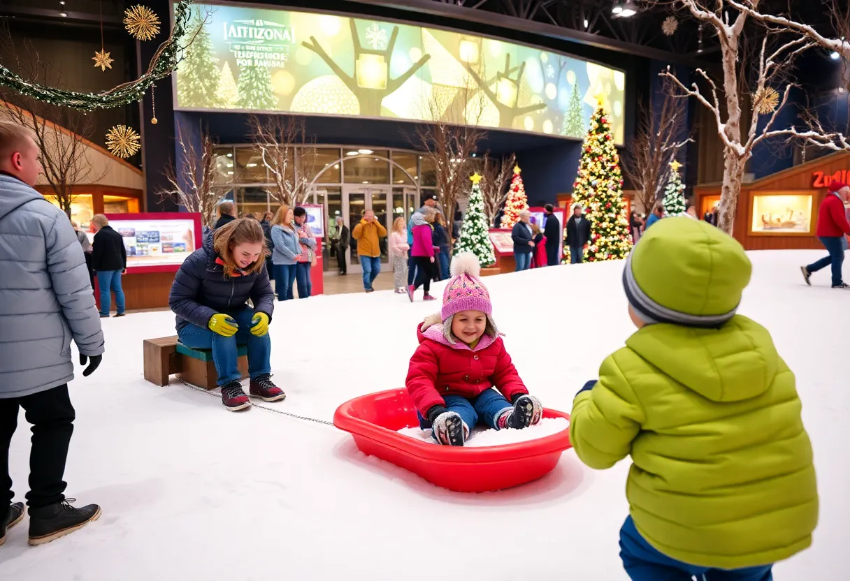 Families enjoying activities in a winter wonderland during Snow Week.