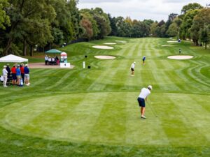 Scene from a golf tournament with players and spectators.