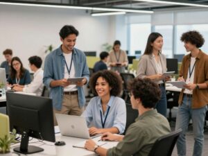 Employees collaborating in Achieve's modern office environment