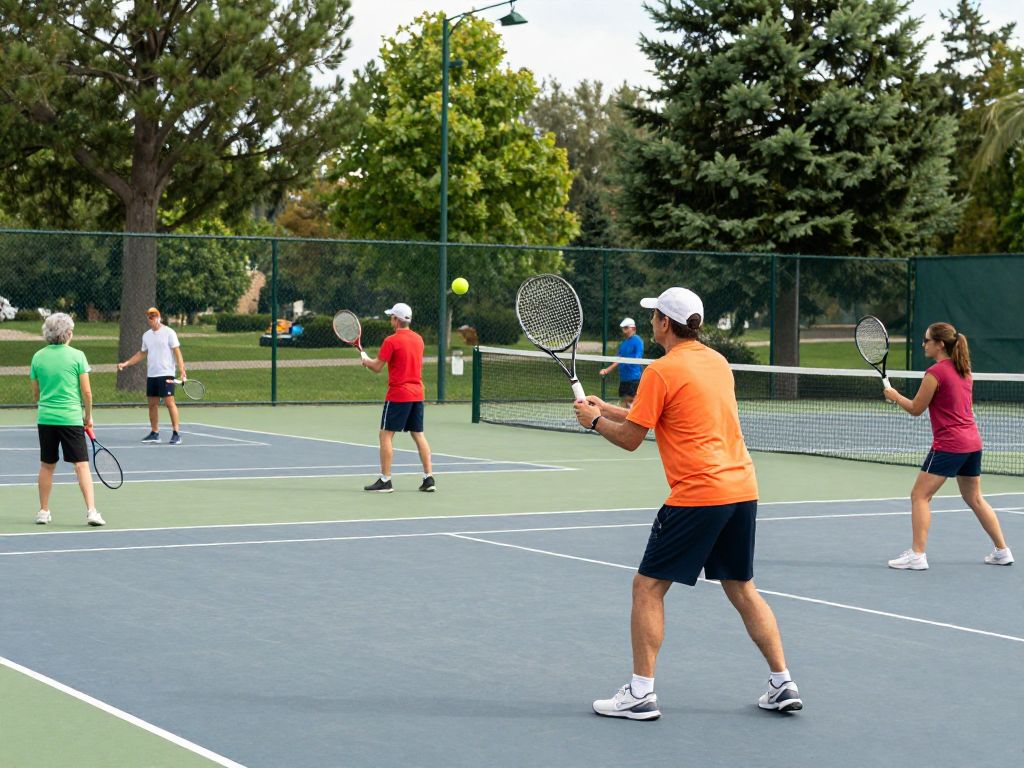 Adults participating in a tennis lesson at Scottsdale Ranch Park in Phoenix.
