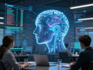 Illustration of AI technology detecting fraud in a business environment.