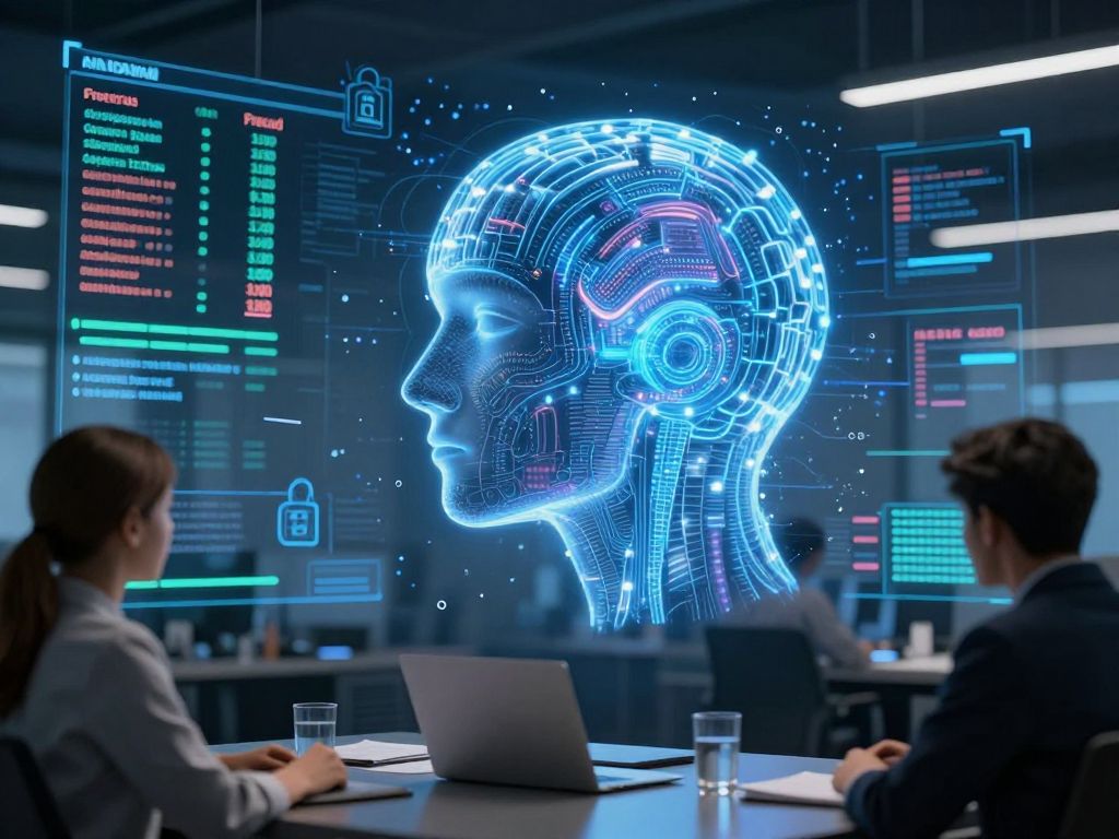 Illustration of AI technology detecting fraud in a business environment.