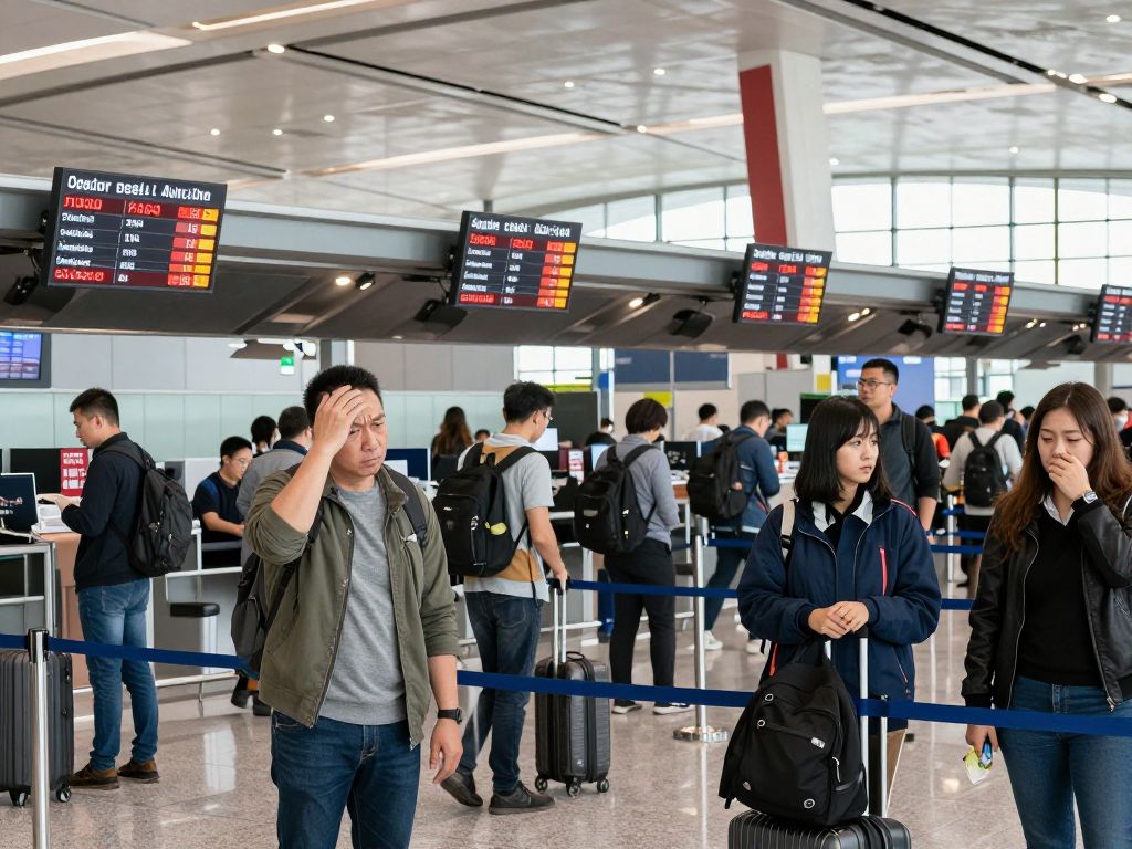 Travelers experiencing flight disruptions at an airport