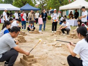 Families participating in hands-on activities at Ancient Technology Day.