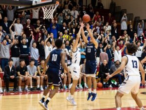 College basketball players in action during a game