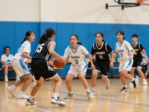 Young female athletes playing basketball in Arizona.