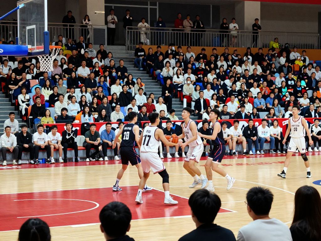 High school basketball players in action on the court with fans cheering in the background.