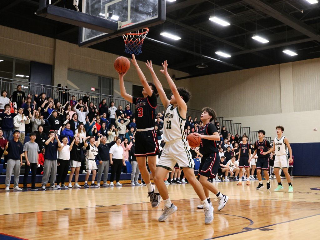 Action shot of a high school basketball game with players in motion