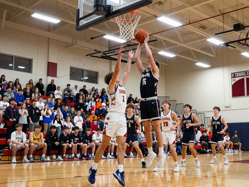 Action-packed scene from an Arizona high school basketball game with players competing and cheering crowds.