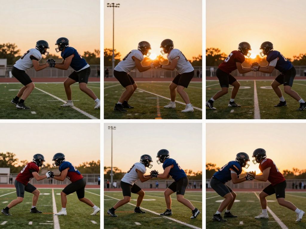 High school football players practicing during sunset at an Arizona field.