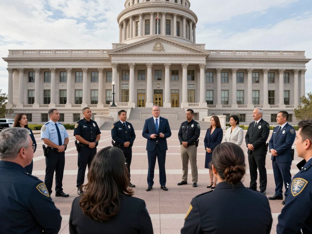 Arizona legislative building with community members and law enforcement discussing immigration policy.
