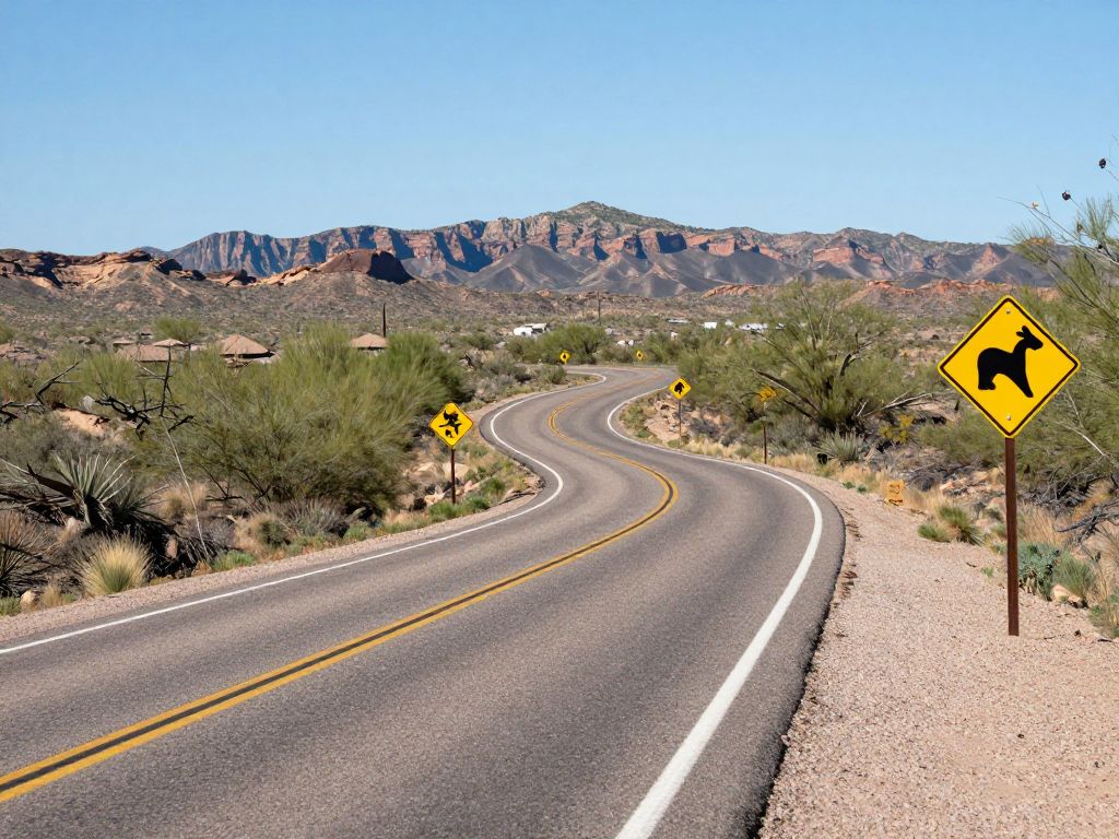 Curving roadway in Arizona with safety signs