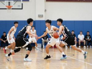 Competitive scene from Arizona State men's basketball game with players in action