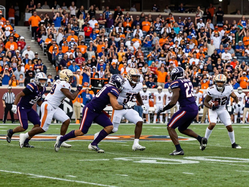 Dynamic college football game atmosphere with athletes in action.