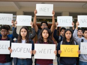 Students holding protest signs at a school in Arizona