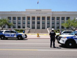 Law enforcement securing the area around the Arizona Supreme Court during the evacuation.