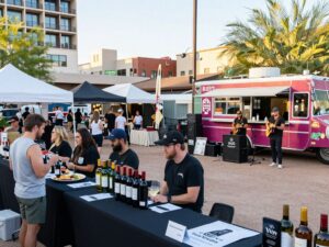 Attendees enjoying the Arizona Wine Festival with wine tasting and artisan vendors.