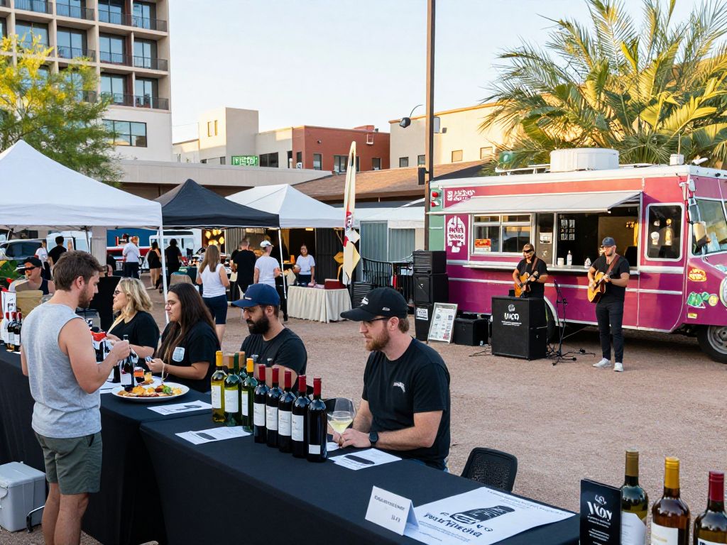 Attendees enjoying the Arizona Wine Festival with wine tasting and artisan vendors.