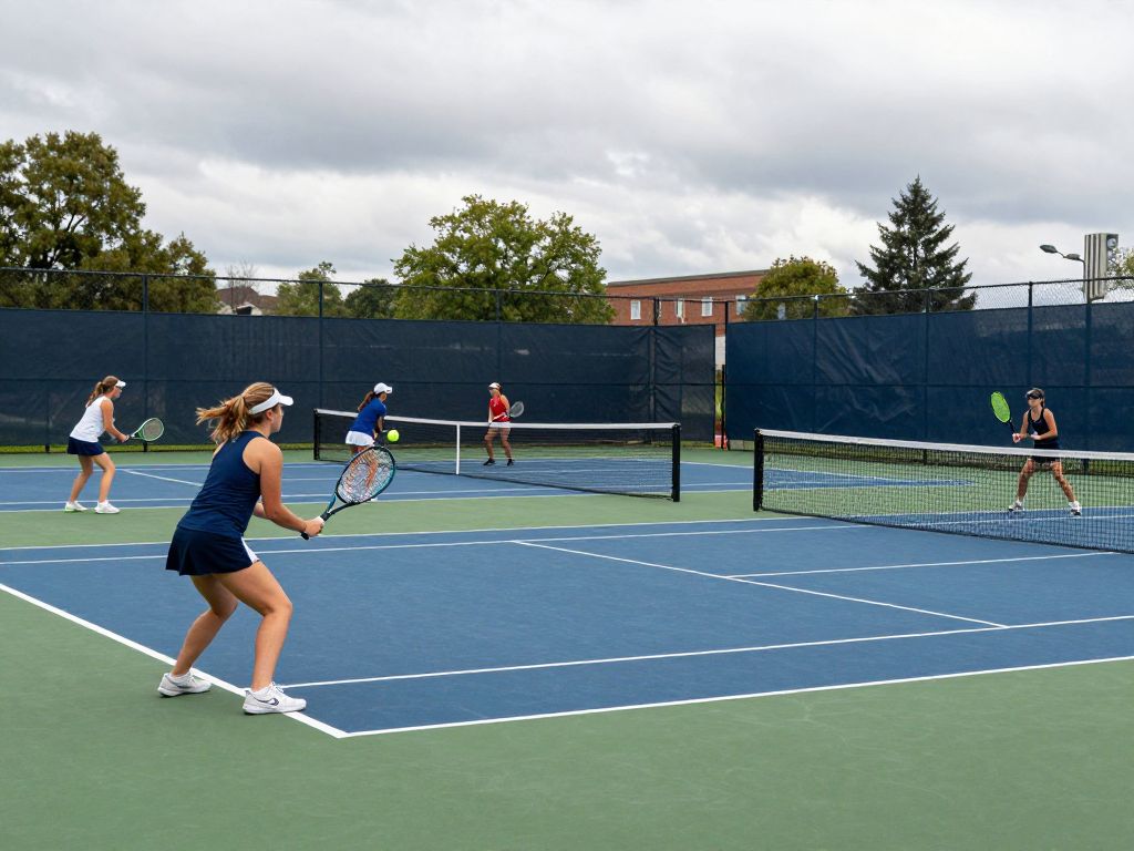 Arizona Women's Tennis team participating in a match during ITA Kickoff Weekend.