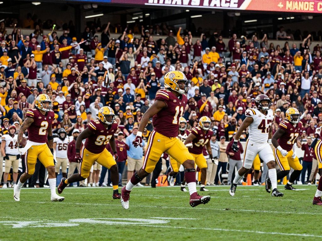 Crowd cheering at ASU football stadium in maroon and gold
