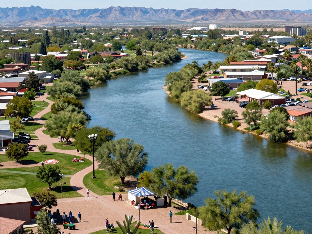A scenic view of the river corridor in Avondale, Arizona with green parks and community spaces.