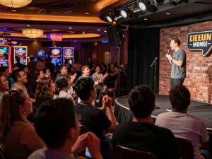 A comedian performing on stage at We-Ko-Pa Casino with an engaged audience.
