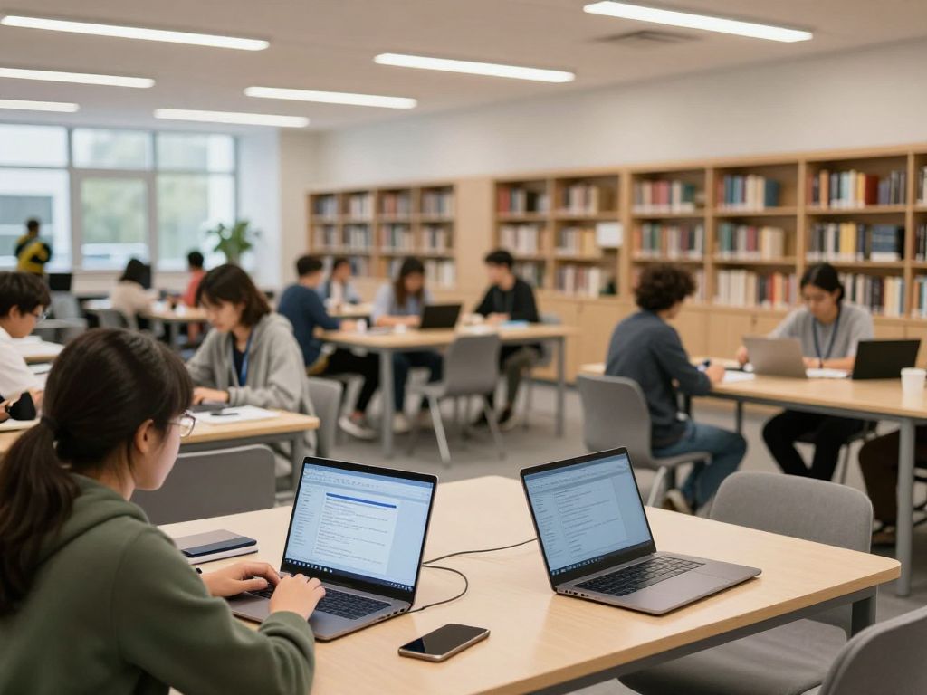 Students engaged in online learning in a modern campus setting.
