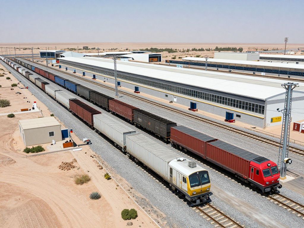 Modern freight railway facility with active trains in Arizona.