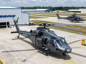 Aerial view of Boeing's Mesa facility with Apache helicopters