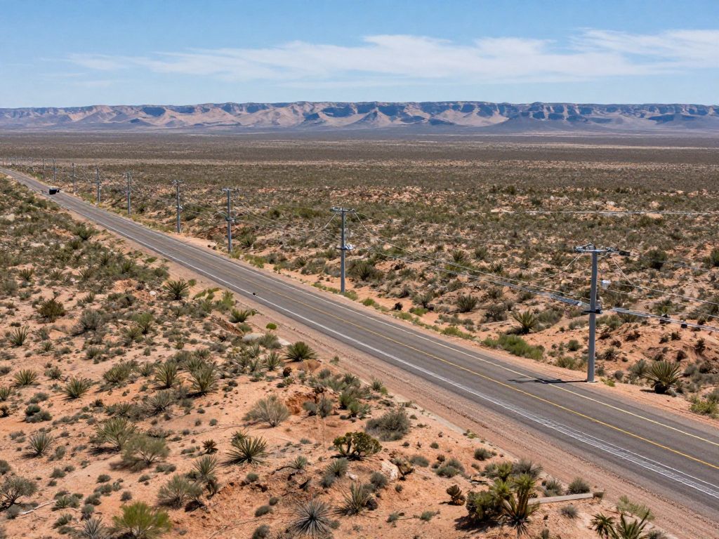 Fiber-optic infrastructure installation along an Arizona highway.