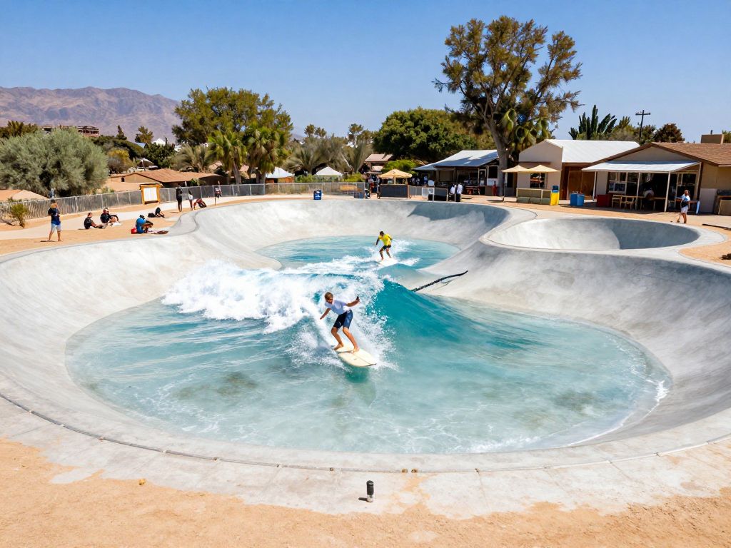 Surfers enjoying waves at a new surf park in Buckeye, Arizona