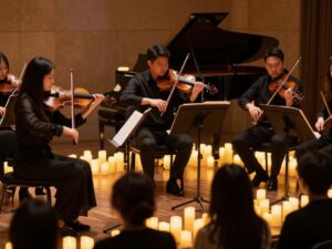 A string quartet performing at a candlelit concert