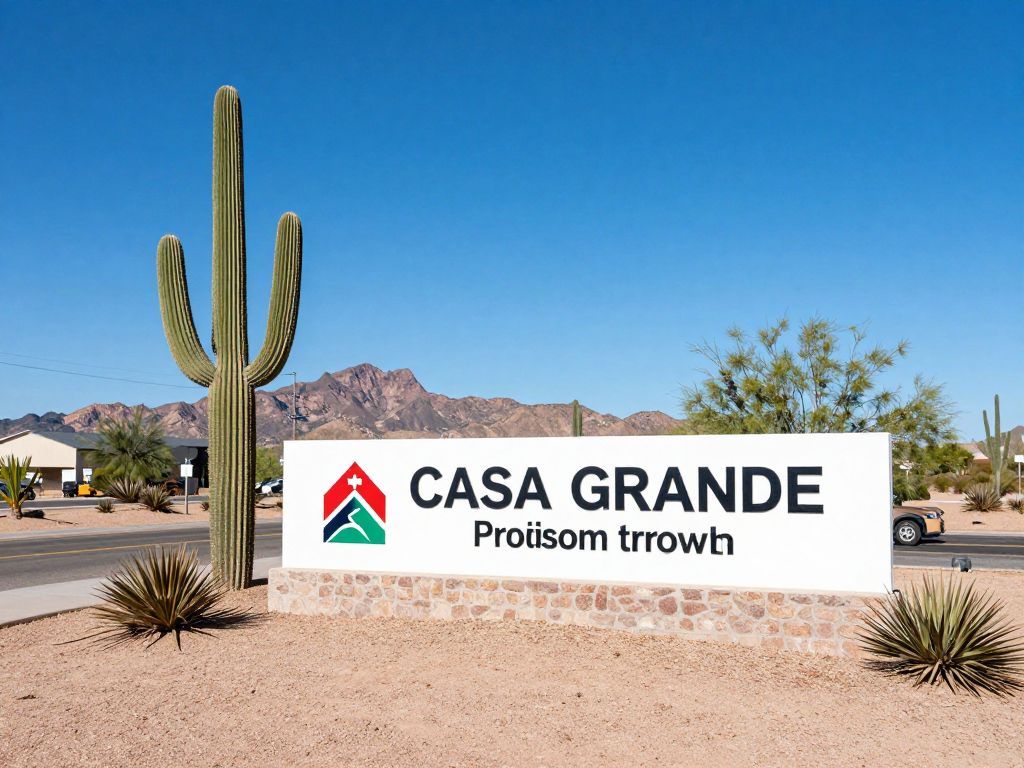 New development area in Casa Grande, Arizona with signage indicating economic growth.