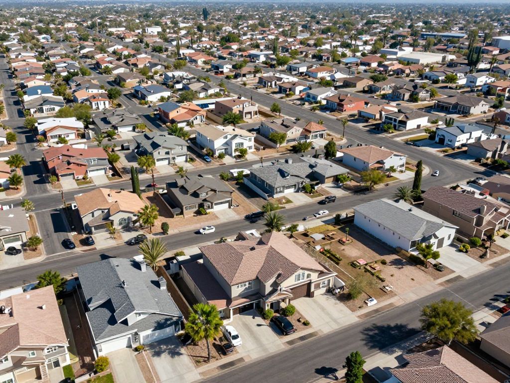 Aerial view of homes in Chandler, Arizona displaying various architectural styles under a clear sky.