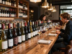 A sophisticated wine bar with a selection of wines displayed on a wooden bar.