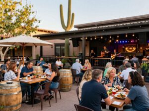 A vibrant scene at City Winery in Scottsdale, Arizona, featuring dining and live music.