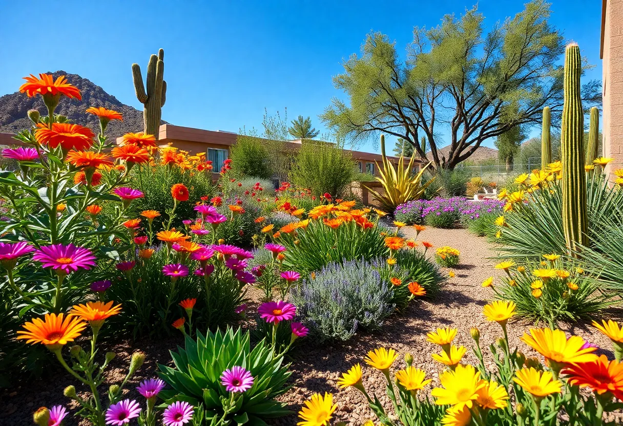 Vibrant garden in Phoenix's desert climate featuring various drought-resistant plants.