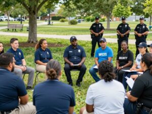 A diverse group of residents discussing safety initiatives in their community.