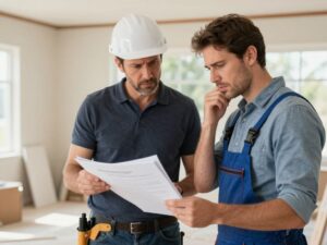 Homeowner reviewing contractor paperwork in concern