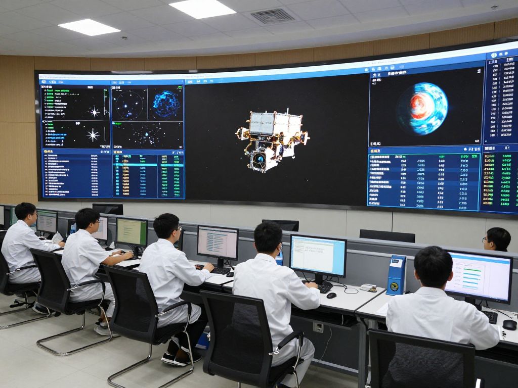 Control room with scientists monitoring space probe data