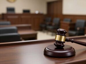 Empty courtroom representing a murder case.