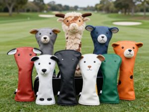 Colorful animal golf headcovers on display