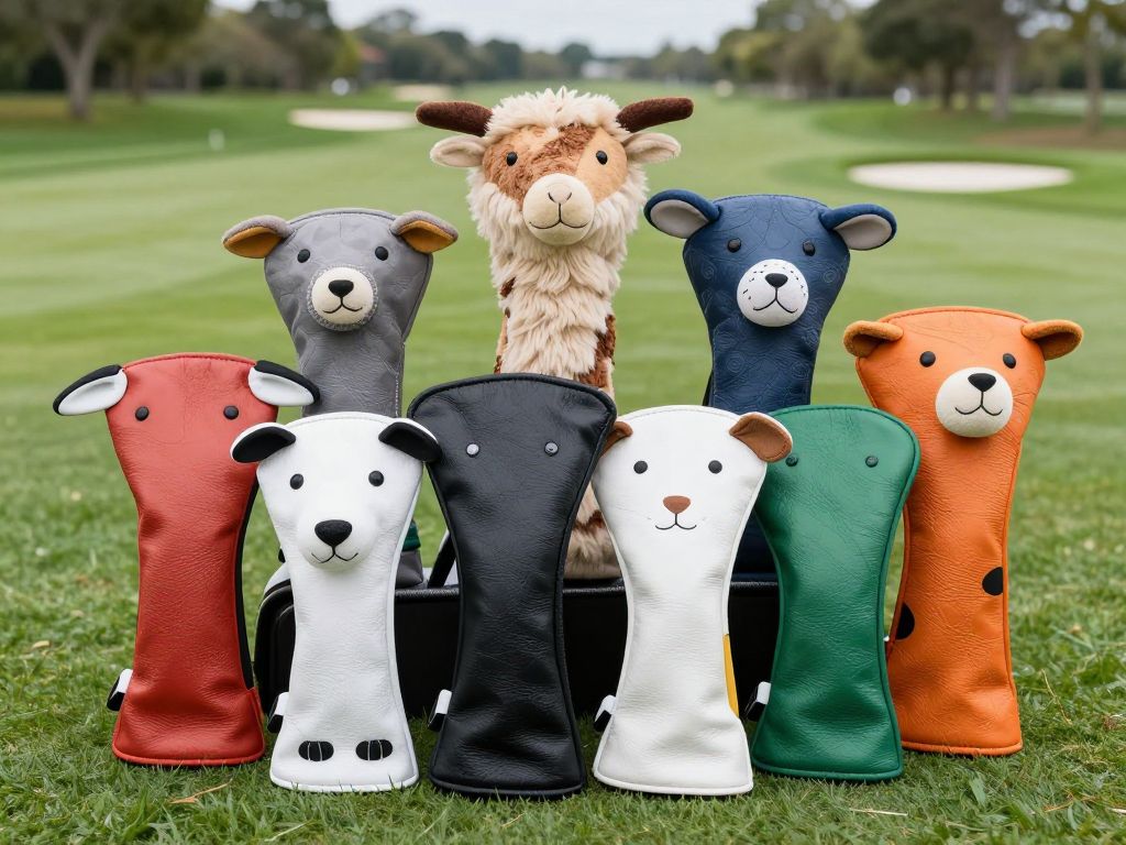 Colorful animal golf headcovers on display