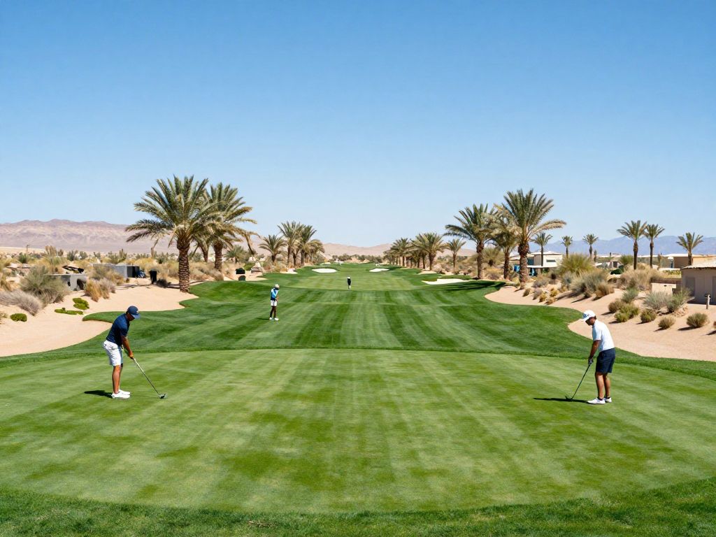 A beautiful desert golf course with golfers playing.