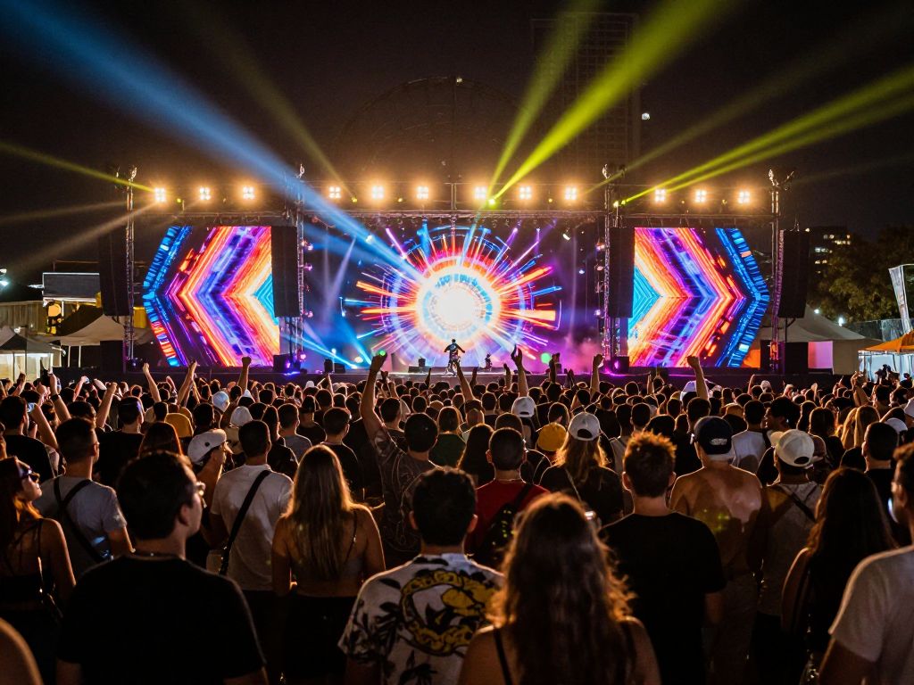 Lively crowd enjoying electronic dance music at Dim Mak Takeover festival in downtown Phoenix.