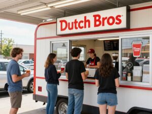 A Dutch Bros coffee drive-thru with customers receiving their orders.